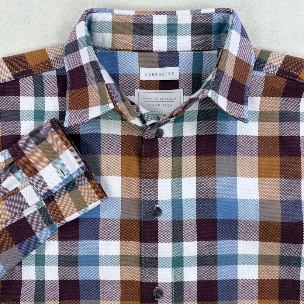 Peregrine Drill Shirt Check Multi Color Plaid Made in England Mens Large L